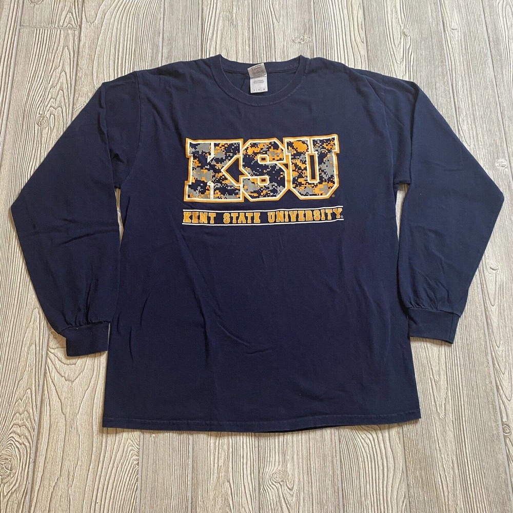 Kent State Golden Flashes KSU LS TShirt Mens L Blue Camo Gildan Heavy Cotton